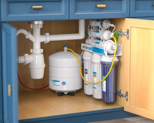 Reverse osmosis water purification system under sink in a kitchen.  Water cleaning system installation. 3d illustration